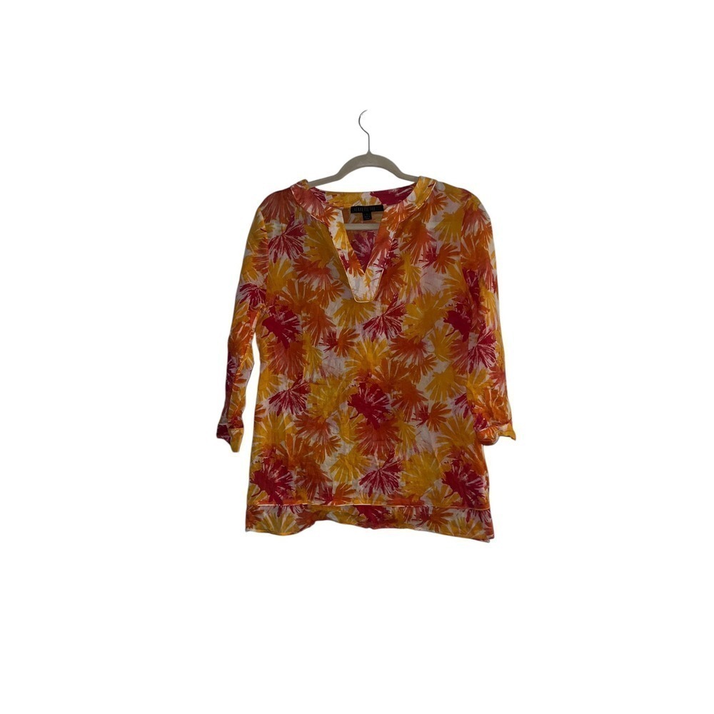 Lafayette 148 bright plunge  blouse boho   Batik summer sheer size s